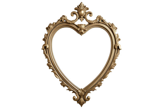 Ornate antique gold heart shaped picture frame with open center and floral crest