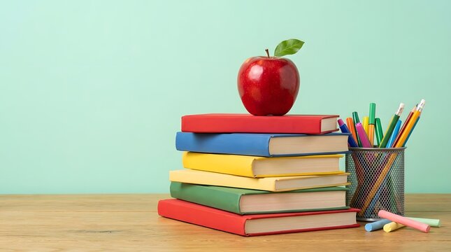 Stacked books topped with a red apple and colorful school supplies on wood