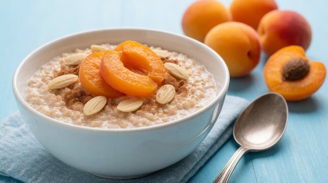 Healthy breakfast porridge topped with apricots almonds and warm spices on light table