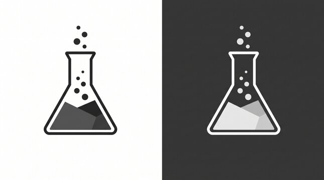 Minimalist laboratory chemistry icon illustration featuring two Erlenmeyer flasks side by side in a split-screen composition, left flask with black outline and dark liquid on a clean white background