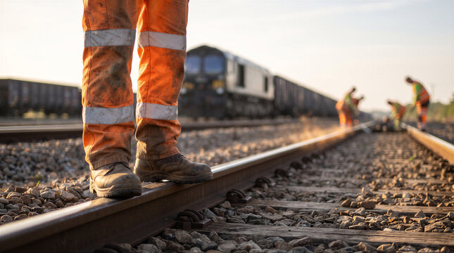 Railway workers in highvisibility orange uniforms performing maintenance work on train tracks during a sunny day
