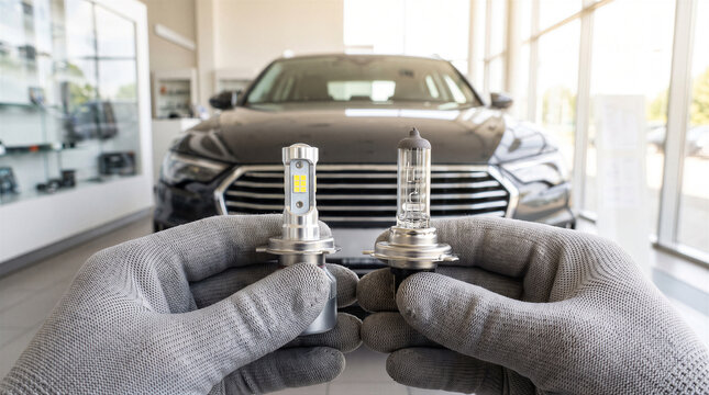 Mechanic holding an led car headlight bulb and a traditional halogen bulb in front of a car in a dealership showroom
