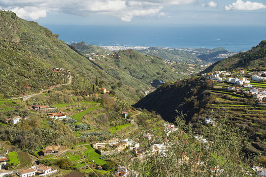 View of the terraced hillsides and rural houses of Vega de San Mateo, Canary Islands, Spain.