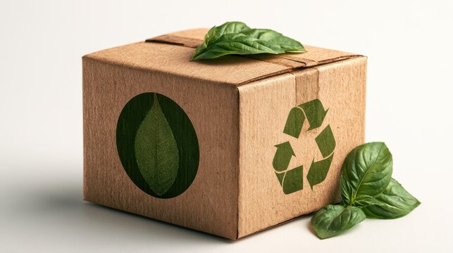 A kraft paper box featuring a green leaf emblem and recycling symbol, emphasizing eco-friendly packaging and sustainable product design.