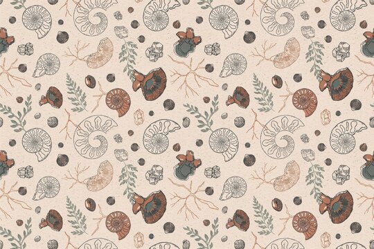 Seamless pattern of prehistoric fossils including ammonites, fern leaves, and mineral stones on a light beige textured paper background