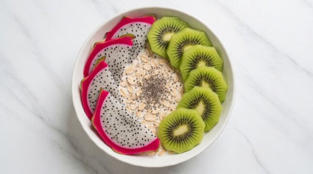 Nutritious oatmeal bowl featuring dragon fruit kiwi and chia seeds vibrant top view