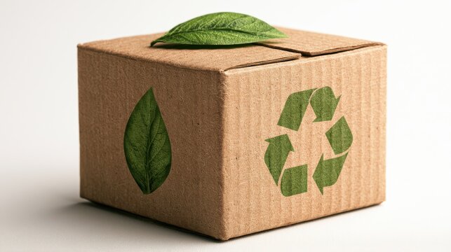A kraft paper box featuring a green leaf emblem and recycling symbol, highlighting eco-friendly packaging and sustainable product design.