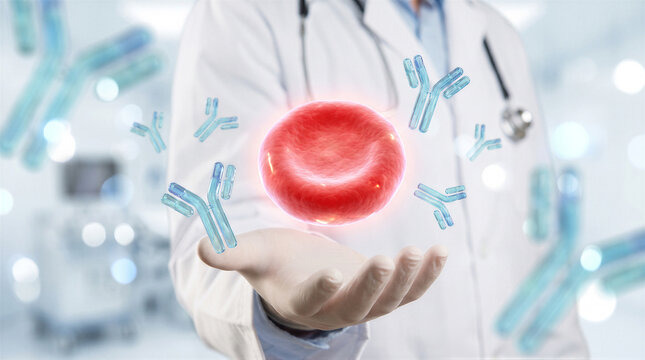Doctor holding a red blood cell surrounded by antibodies in a medical laboratory setting