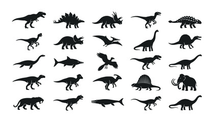 Prehistoric dinosaur silhouette icon set with extinct jurassic creatures mammoth saber toothed tiger vector collection. © Ridoy