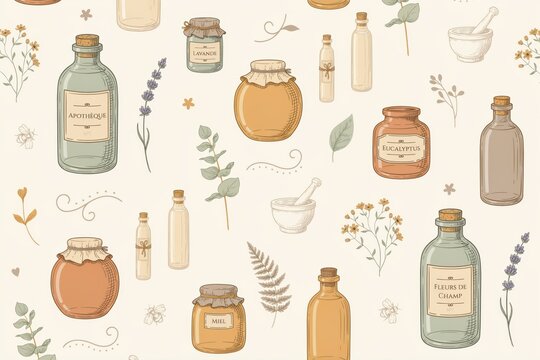 Seamless pattern of vintage apothecary bottles, medicinal herbs, flowers, and mortar and pestle tools on a light beige textured background