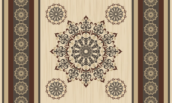 vintage seamless pattern. Soft beige fabric design with elegant brown mandala and traditional floral borders.