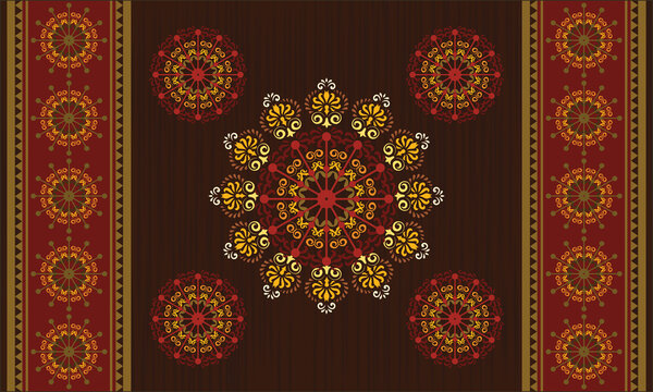 seamless pattern with flowers. Luxurious red fabric pattern featuring gold floral mandala and traditional side borders.
