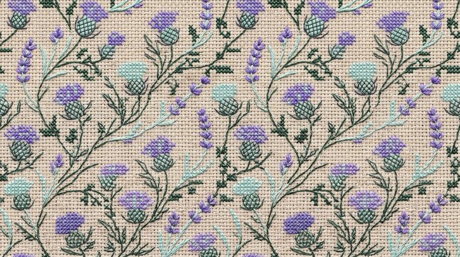 Purple thistle and lavender cross stitch embroidery floral seamless pattern background