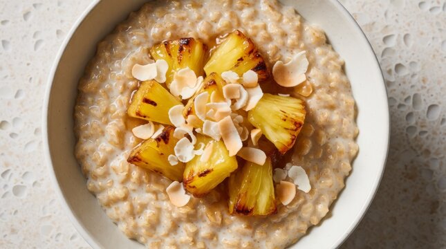 Delicious caramelized pineapple oatmeal topped with coconut flakes in white bowl