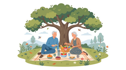 Obraz premium Happy senior couple enjoying romantic picnic under large leafy tree in nature park flat vector illustration.