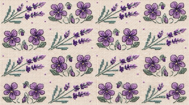 Cross stitch embroidery pattern with purple lavender and pansy flowers