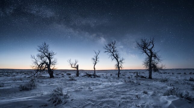 Bare trees are silhouetted against a starry night sky and snow covered field