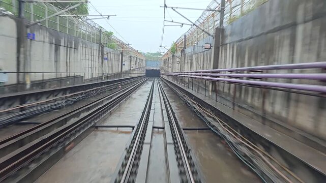 Delhi Metro Railway Track During Heavy Rain