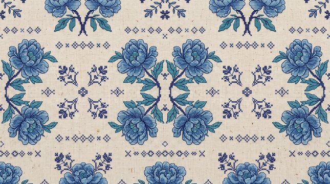 Blue floral cross stitch embroidery pattern on beige linen fabric background