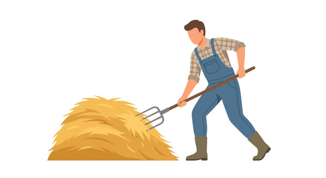 Male farmer in denim overalls using a pitchfork to move a haystack flat vector element