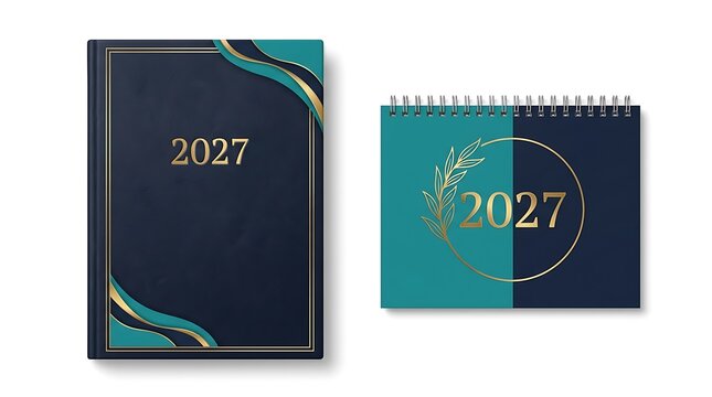 Set of 2027 year planners and desk calendars with elegant black and teal covers