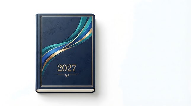 Dark blue 2027 planner notebook with gold and teal abstract wave design on the cover