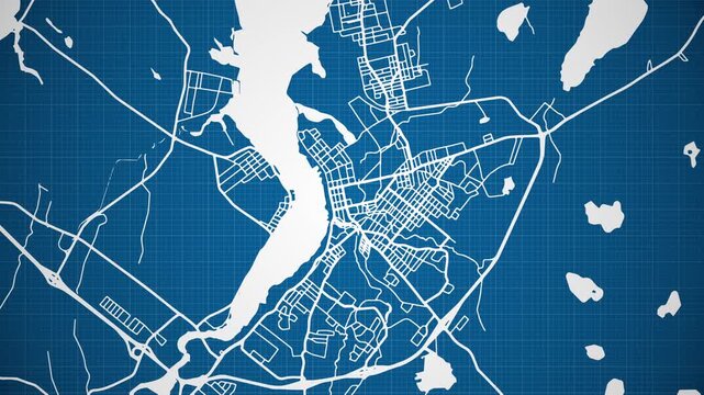 Ink reveal animation of Sydney city, Nova Scotia (NS), Canada grid map. Aerial top view. Blueprint style. White lines with blue background. 4K Seamless loop.