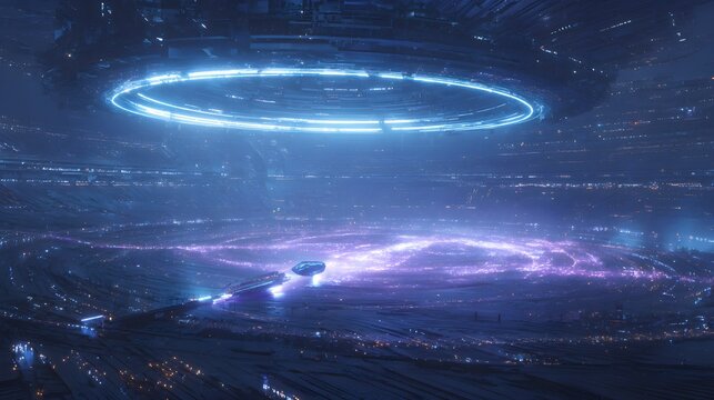 Massive Glowing Blue Superconductor Levitating Ring above Cybernetic Semiconductor Infrastructure Facility at Night