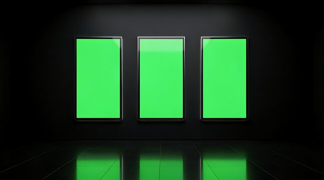 Three blank green screens in a dark modern gallery with reflections.