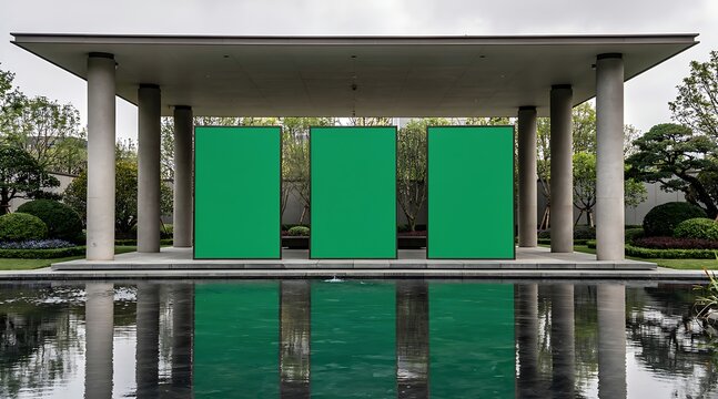 Modern Pavilion With Three Green Screens Reflected In Water.