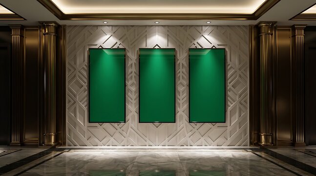 Three empty green display boards mounted on a textured wall with spotlights.