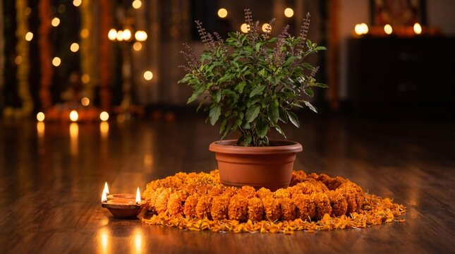 Holy tulsi plant decorated with diyas and flowers