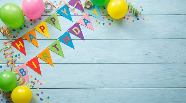 Festive birthday celebration with colorful balloons and bunting on a wooden background