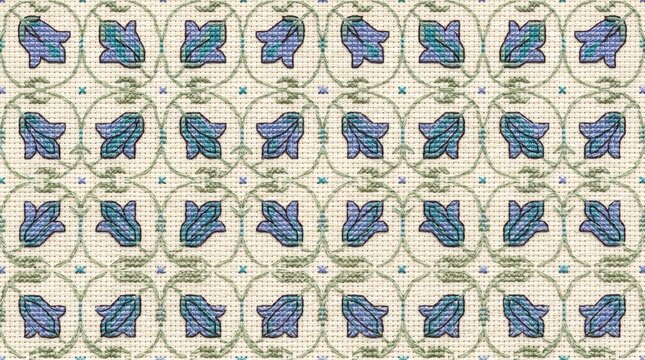 Floral cross stitch embroidery seamless pattern on aida cloth background