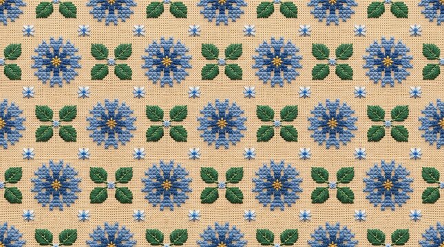Blue flower cross stitch pattern seamless background texture