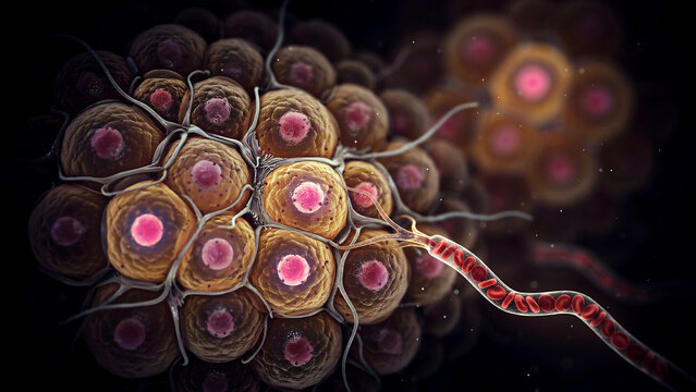 Microscopic view of adipose tissue cells connected by delicate filament structures in detailed biological rendering