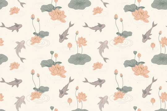 Seamless pattern with hand drawn koi fish and lotus flowers on a light cream background, featuring aquatic plants, and circular water ripples
