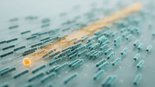 Abstract digital visualization of microscopic capsules arranged in a futuristic grid pattern with glowing effects