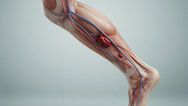Anatomical depiction of human lower leg showing muscle veins arteries and tumor growth near calf area