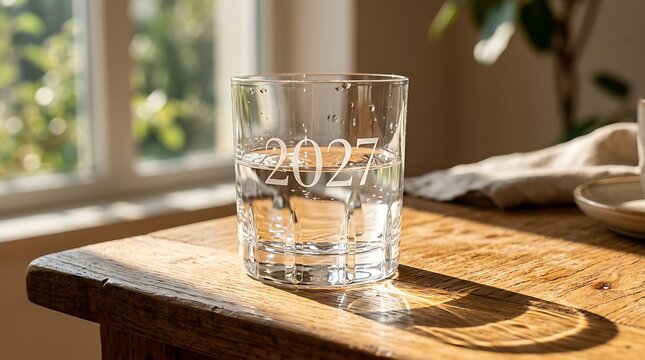 Clear glass tumbler with the year 2027 etched on the side sitting on a rustic wooden table