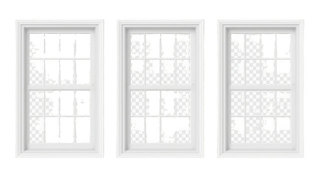 Set of three white classic double hung window frames isolated on a transparent background