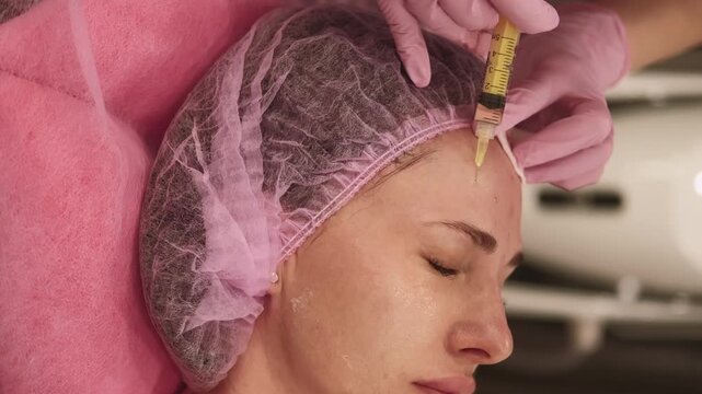 Vertical video. Facial injection. Beauty treatment. Cosmetologist female specialist hand using neurotoxin filler in skin forehead in aesthetic medical clinic.