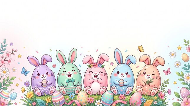 Cute easter bunny characters seasonal marketing banner with copy space 