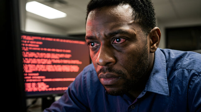 Stressed Black IT Professional with Red Bloodshot Eyes Working Late on Computer Coding Error