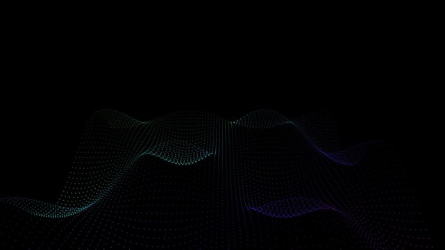 Gradient digital particle landscape undulating gently against pitch dark space.