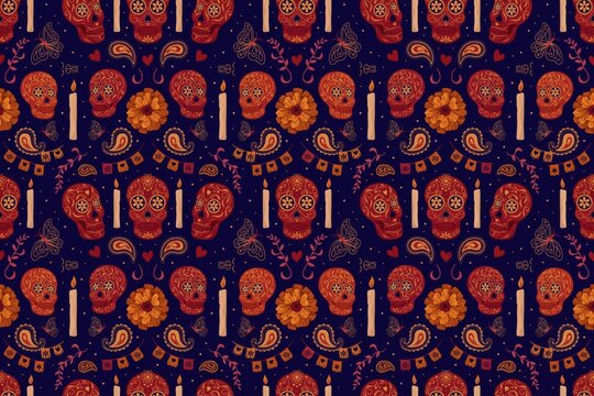 Seamless pattern with orange sugar skulls, lit candles, marigold flowers, butterflies, and festive bunting on a dark blue background, for holiday