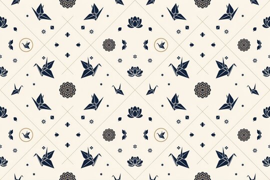 Seamless pattern with origami paper cranes, lotus flowers, and mandala circles on a light cream background, for textile or wallpaper