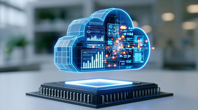 Cloud computing digital data storage hologram server platform futuristic technology glowing interface cloud network processor chip data analytics artificial intelligence