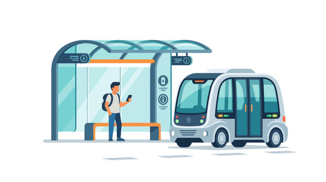 Young male commuter checking phone at smart bus stop as autonomous electric shuttle arrives flat vector element