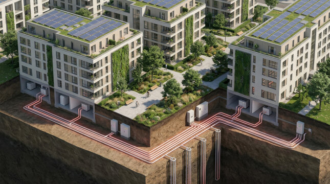 District heating system cross section in modern eco friendly apartment complex featuring underground geothermal pipes and renewable solar energy